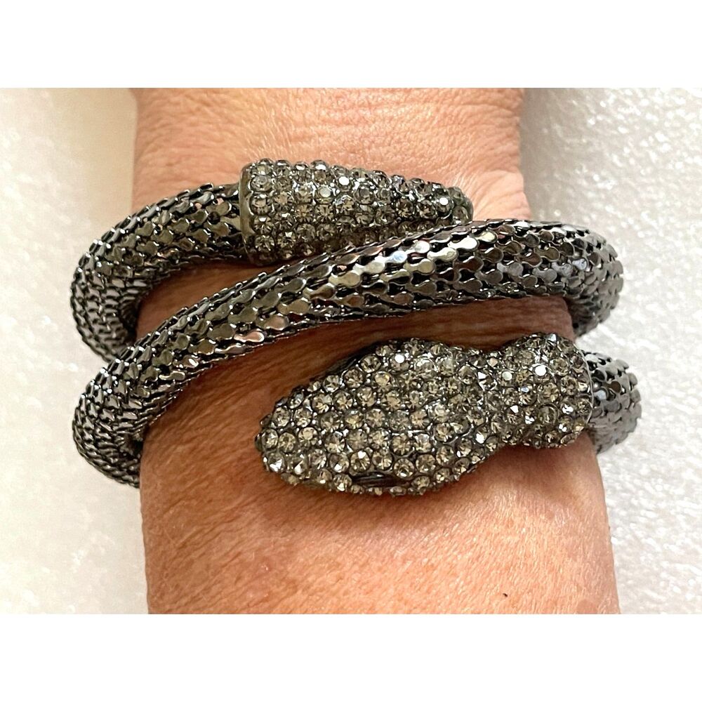 Vintage Rhinestone Snake Wrap Bracelet Silver Tone Black Stone Eyes Metal
